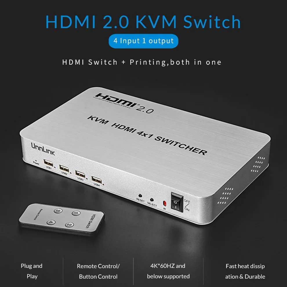 Unnlink HDMI 2,0 4X1 KVM коммутатор 4 порта USB KVM HDCP 2,2 HDR HDMI коммутатор UHD 4 k@ 60 Гц 1080P с для 4 настольных компьютеров и ноутбуков