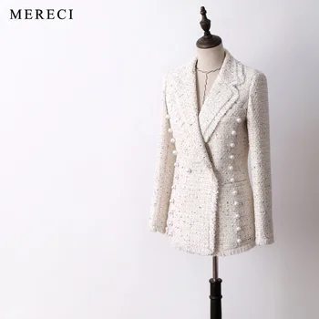 

Super Elegant Women Colorful Sequins Medium Long Tweed Blazers OL Autumn Winter Tassel Pearls Double Breasted Beige Coats Y094