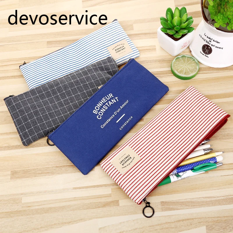 Brief Style Grid & Stripes Canvas Pencil Bag Stationery Storage