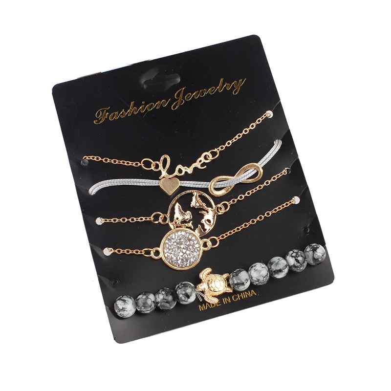 

F&U 5 Pcs/Set Circle With Rhinestones Dec. Turtle Rhinestone Beads Multilayer & Pink Golden Colors Bracelet Set Charm For Girls