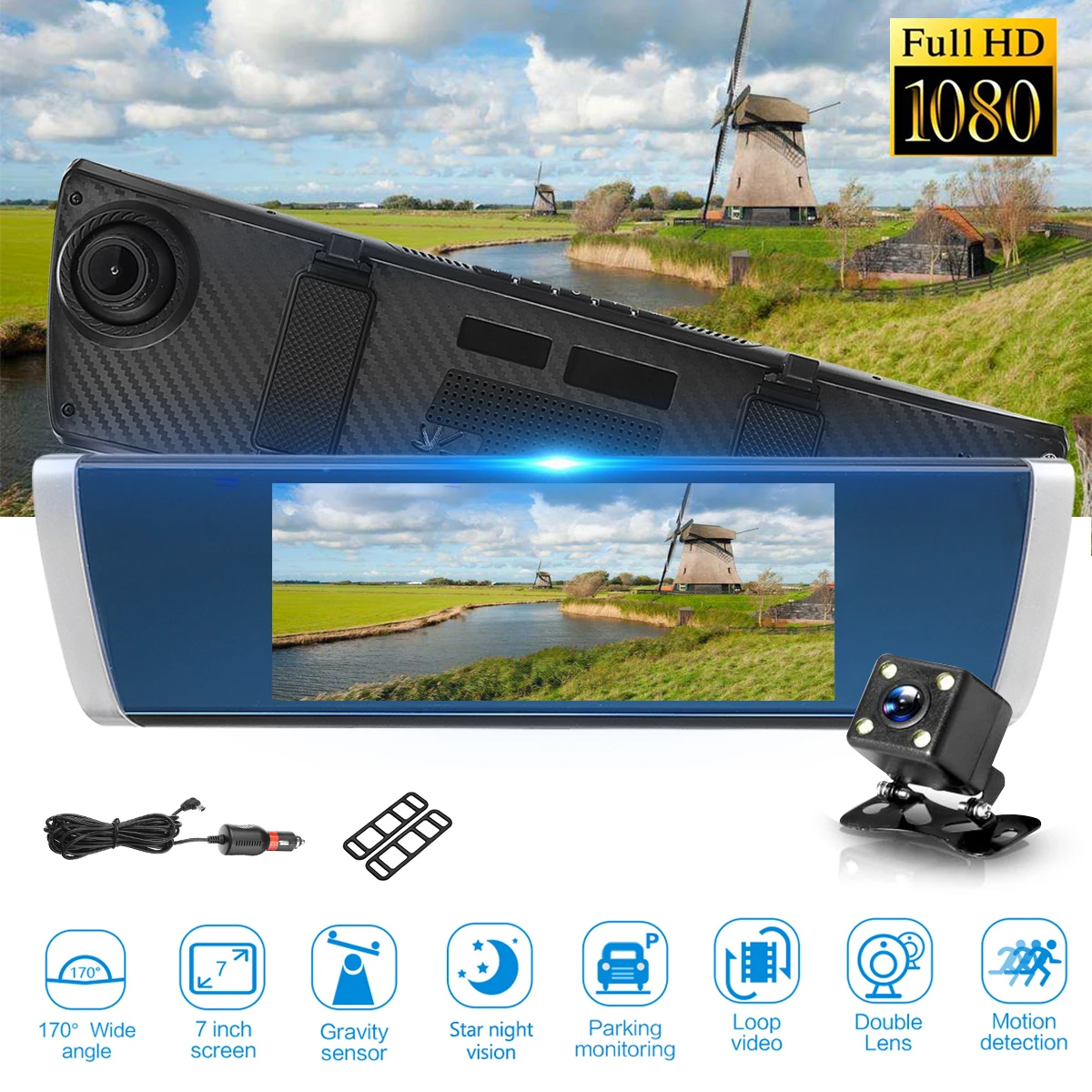 

7" LCD Screen Car DVR Camera Rearview Mirror Auto DVRs Dual Lens Video Recorder Registrator FHD 1080P Night Vision Dash Cam