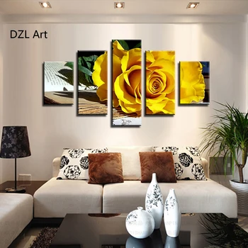 

(No Frame)5 Panel Beautiful yellow roses oil painting on canvas flowers Wall Art Picture Home Decoration living room