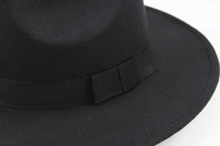 Унисекс шерстяная фетровая шляпа с отделкой из ленты стильные джазовые шляпы фетровая шляпа с широкими полями Кепка s Классическая одноцветная Трилби Кепка для мужчин и женщин
