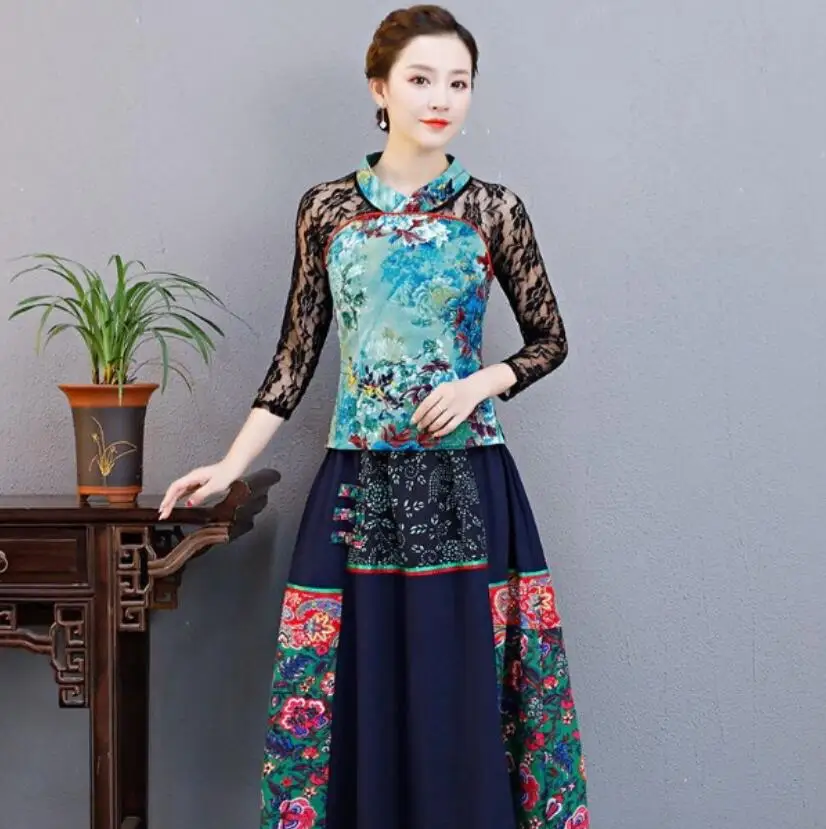 Традиционная китайская одежда для женщин, сексуальная двойка, Cheongsam Qipao, Лоскутная кружевная Этническая винтажная одежда для женщин TA1467 - Цвет: 2