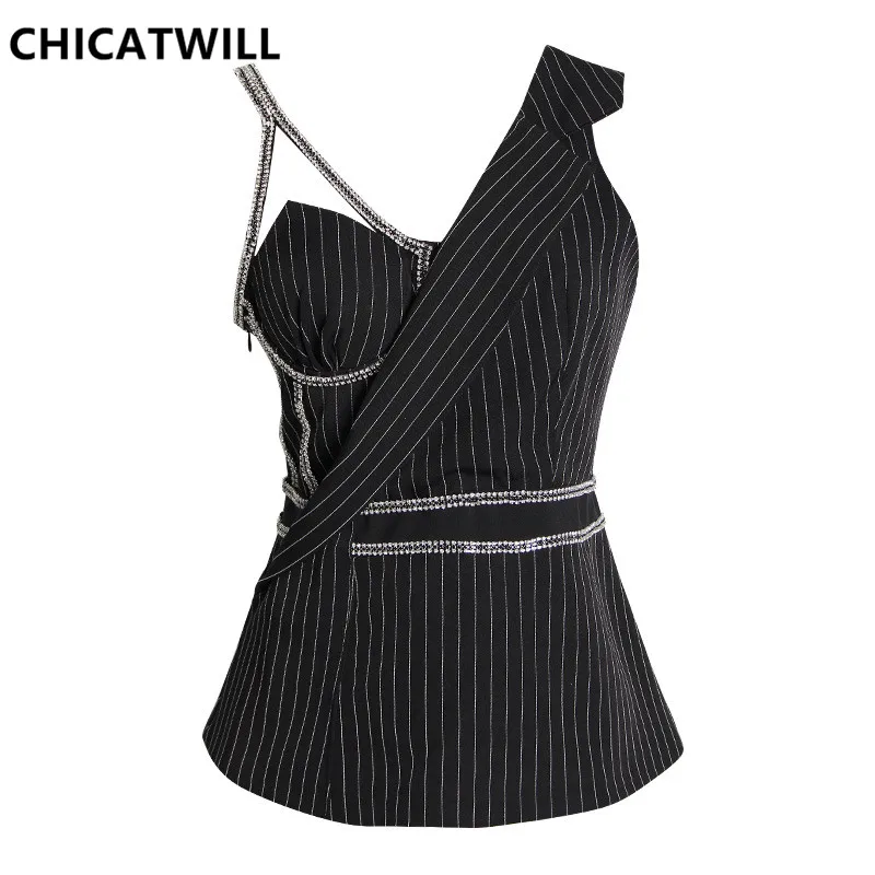 CHICATWILL, уличная мода, Офисная Леди, без рукавов, с блестящими кристаллами, для женщин, v-образный вырез, в полоску, блейзеры, элегантные, искусственный, 2 шт., топы - Цвет: Черный