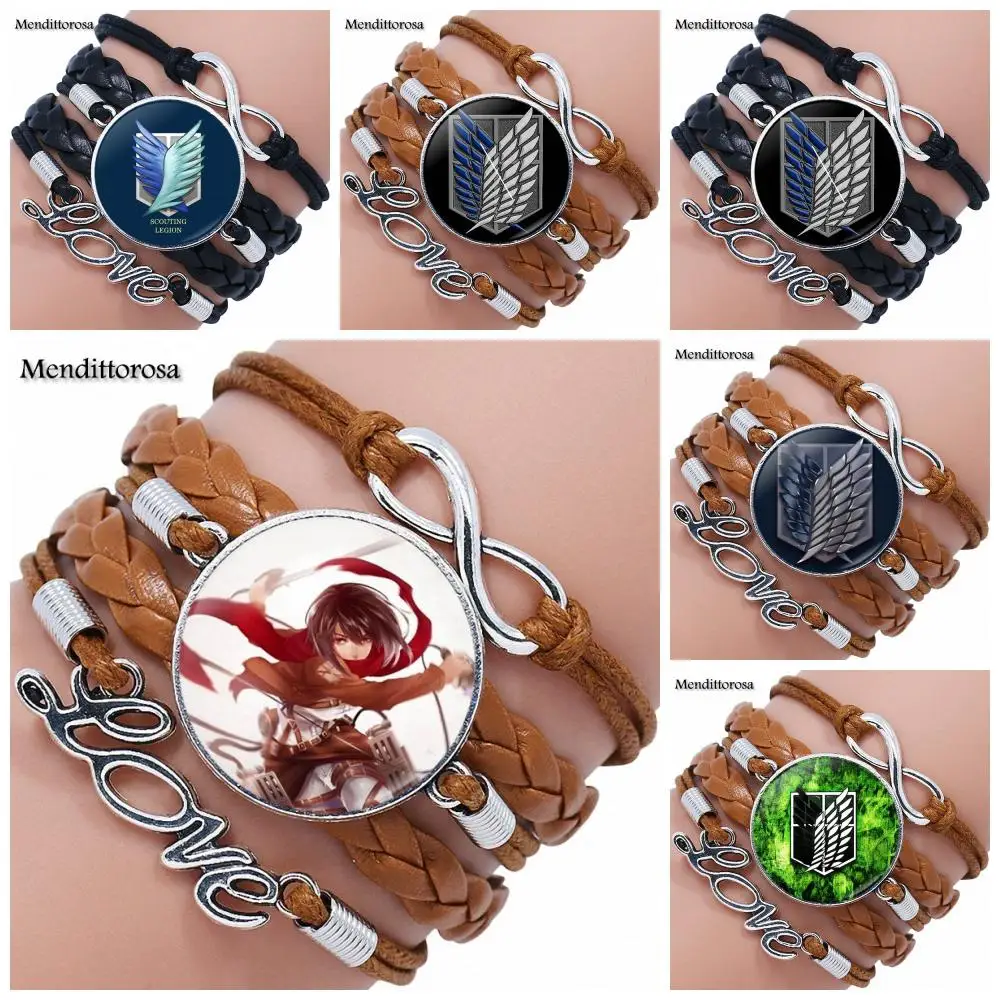 

Attack on Titan Levi Ackerman Jewelry Multilayer Black/Brown Leather Bracelet Bangle With Glass Cabochon Jewelry For Women Kids