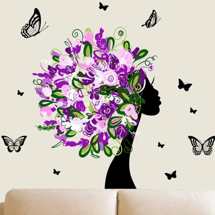 

Beautiful Girl Romantic Flower Wall Sticker/ Wall Stickers Butterfly Elf Wall Stickers Decals Mural TV Sofa Background Decor