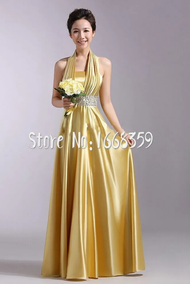 Gold Satin Bridesmaid Dresses Halter Beaded at Waist Free Shipping