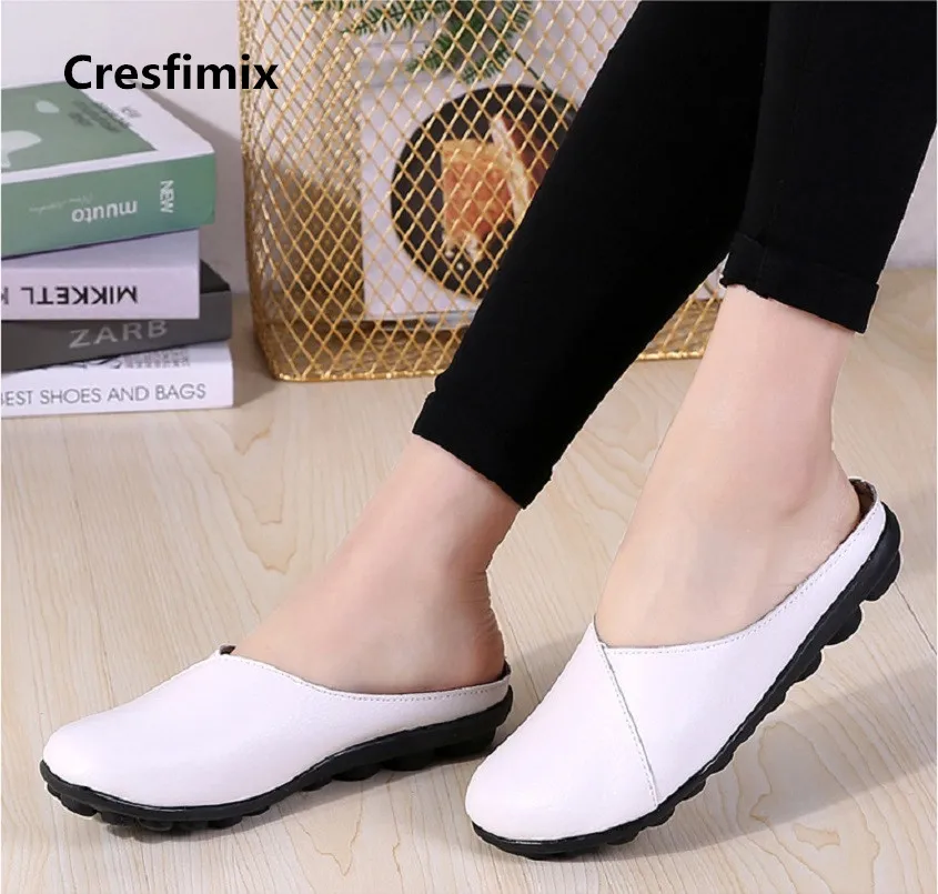 

Cresfimix zapatos de mujer women fashion white slip on genuine leather flat shoes lady casual comfortable street shoes a2111