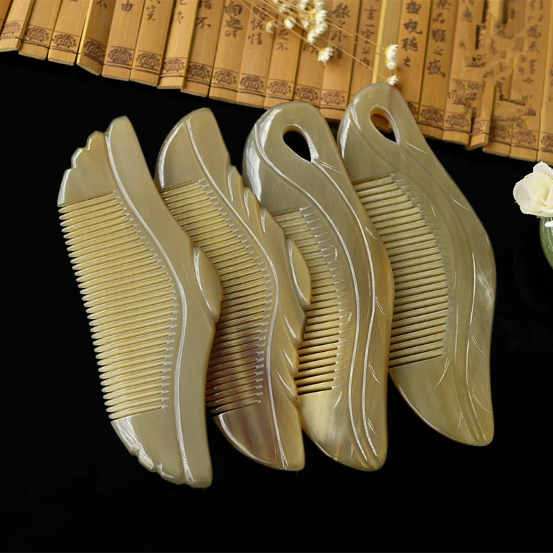 

1PC Exquisite Leaf Carving Horn Comb Natural Yak Horn Leaf Hair Comb G0413