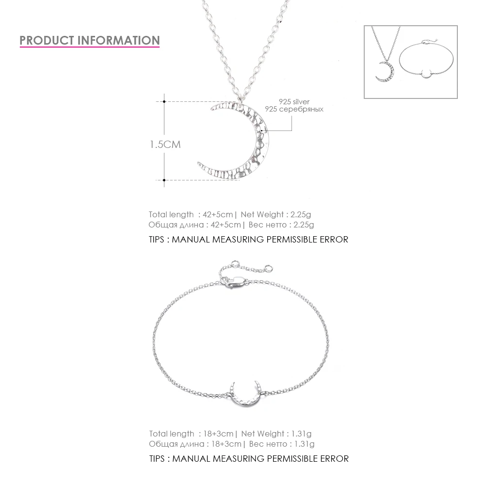 e-Manco 925 Sterling Silver Pendants Necklaces with Bracelet Two Color Statement Moon Bracelets Necklaces Jewelry Set For Women