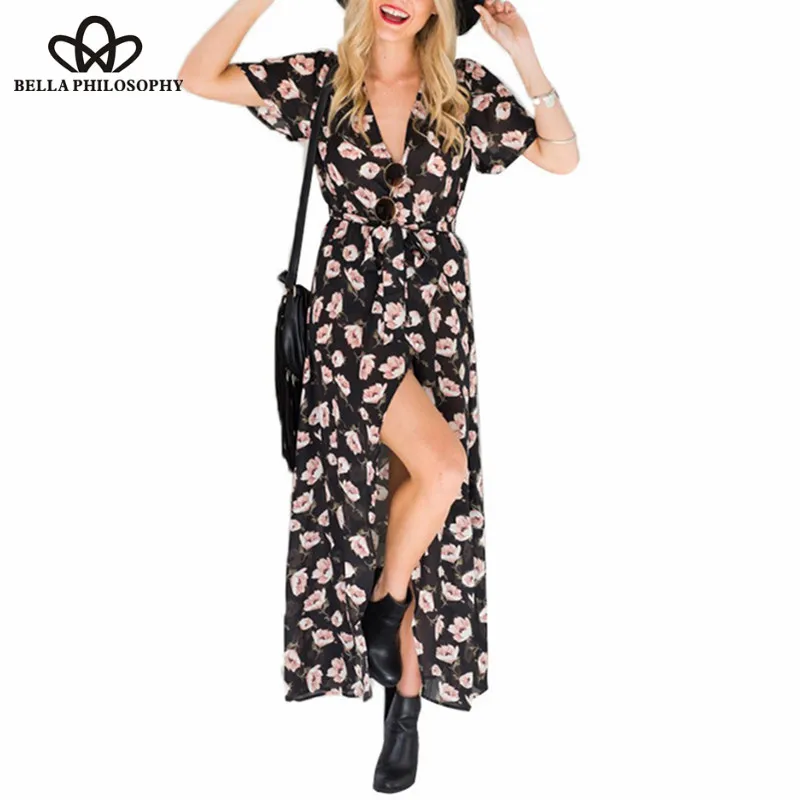 2019 NEW V Neck Sexy Slip Print Boho Short Sleeve Casual Chiffon Summer Beach Dress Vintage Bandage Loose Long Maxi Dress Wonder