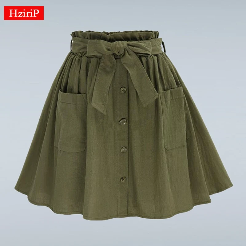 Kaufen HziriP Frauen Röcke Vintage Hohe Taille Tasche Solide Bogen Gürtel Midi Rock Neue Ankunft Sommer Europa Armee Grün Mädchen Rock faldas