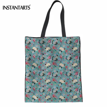

INSTANTARTS Casual Women Linen Shopping Bags Kawaii Siamese Cat/Kitty Flower Pattern Reusable Market Bags Girls Tote Shopper Bag