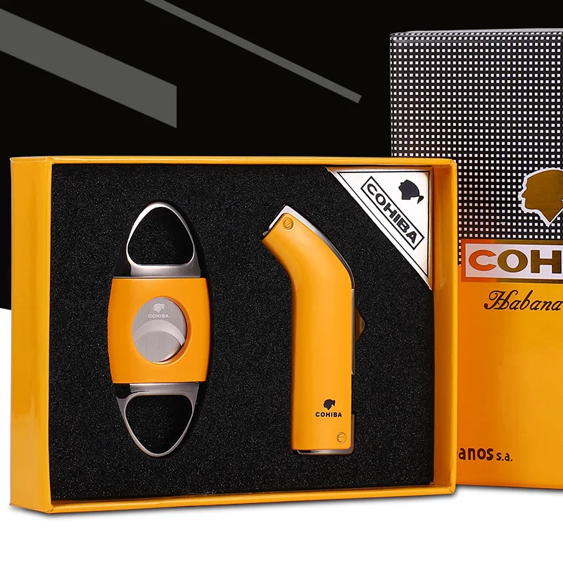 

COHIBA Gadgets Spray Gun Style Windproof 2 Torch Jet Flame Cigar Lighter Sharp Stainless Steel Cigar Cutter Punch with Gift Box