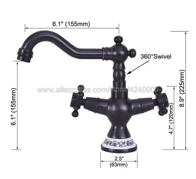 Смеситель для умывальника черный масло латунь Ванная комната раковина кран 360 градусов Поворотный носик двойные Креста для ванны кухни