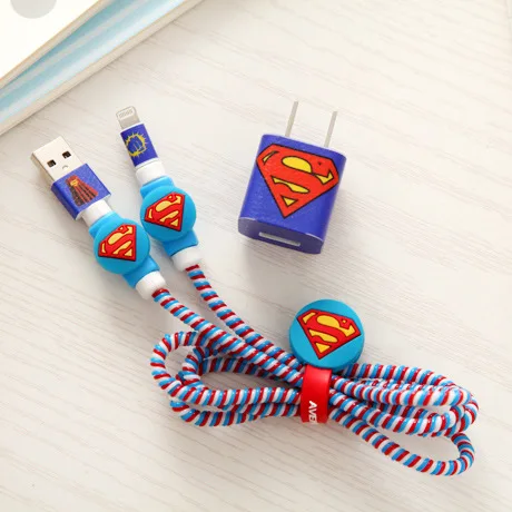 

Superman Heros style USB Cable Earphone Protector Set with Cable Winder Cartoon stickers Spiral Cord protector For iphone