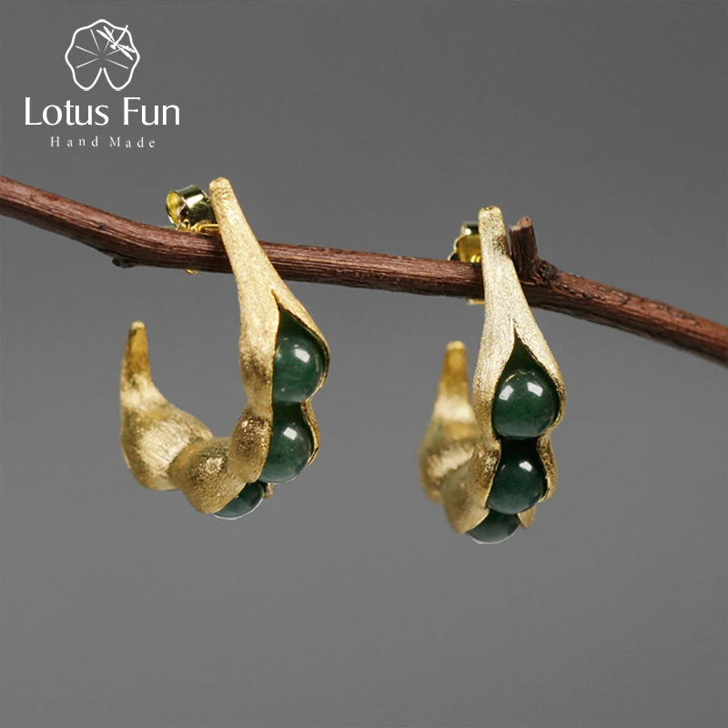 Lotus Fun реальные 925 серебро ручной работы Fine Jewelry натуральный зеленый камни Творческий Стручки гороха Дизайн Длинные Висячие серьги для Для женщин