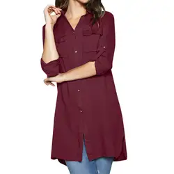 SAGACEC блузки и рубашки для дам 2019 блузка Для женщин сплошного цвета с кнопками кнопка карман Длинные рукава Женская рубашка, блузка Топы