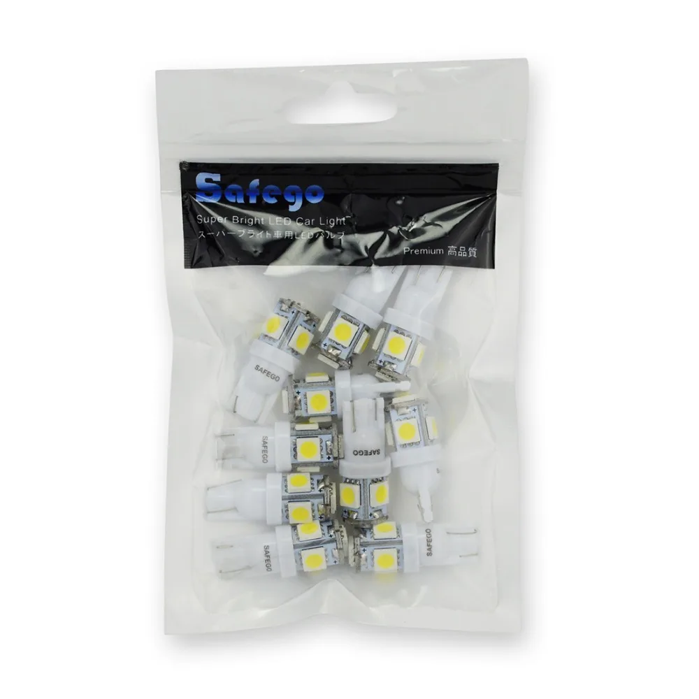 Safego 10X T10 W5W светодиодный лампы 5 SMD светодиодный белого и синего цвета красный желтый и зеленый цвета 5050 194 168 супер яркий Клин лампочки лампы 12V