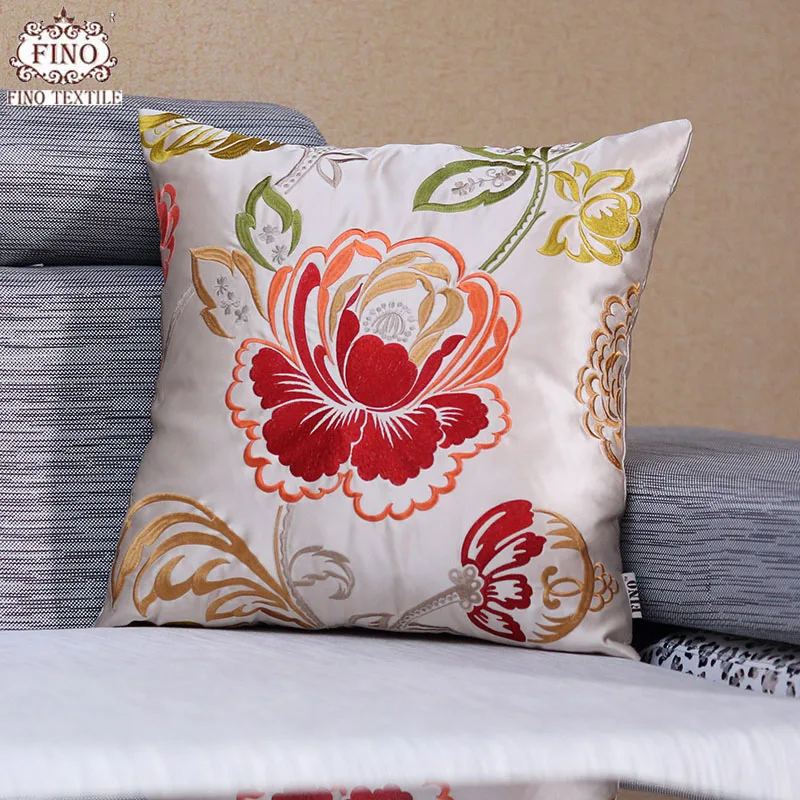 Embroidered Faux Silk Home Decorative Throw Pillow Covers Sofa Red Country Cushion Cover Couch