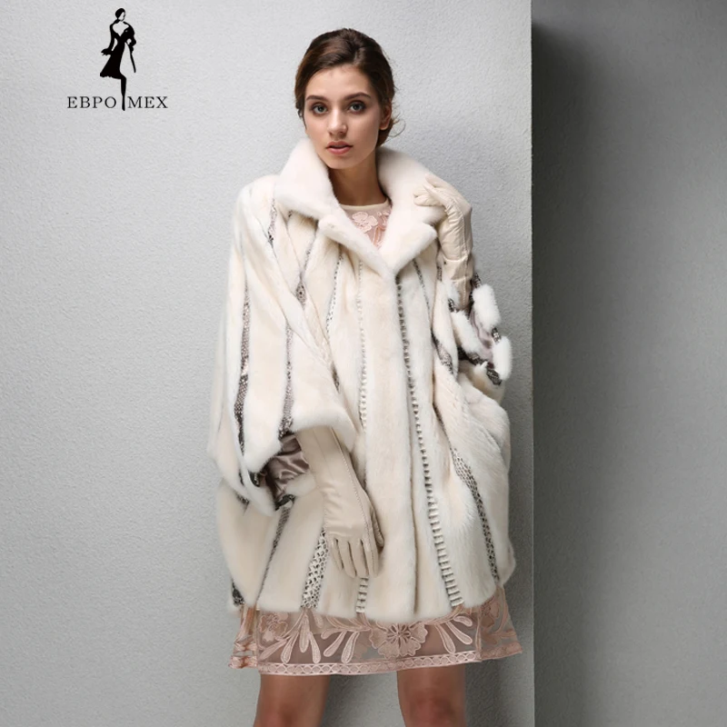 Bat sleeve mink fur coat snakeskin Stitching mink coat fashion women noble fur coat High end