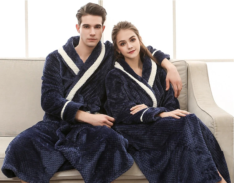 Queenral Men/Women Winter Thermal Long Bathrobe Lovers Thick Warm Robe Plus Size M XL XXL Nightgowns Dressing Gowns Home Clothes