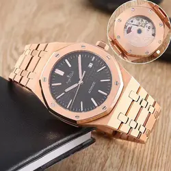 Роскошные брендовые новые часы мужские модные классические из нержавеющей стали автоматические механические розовое золото черный
