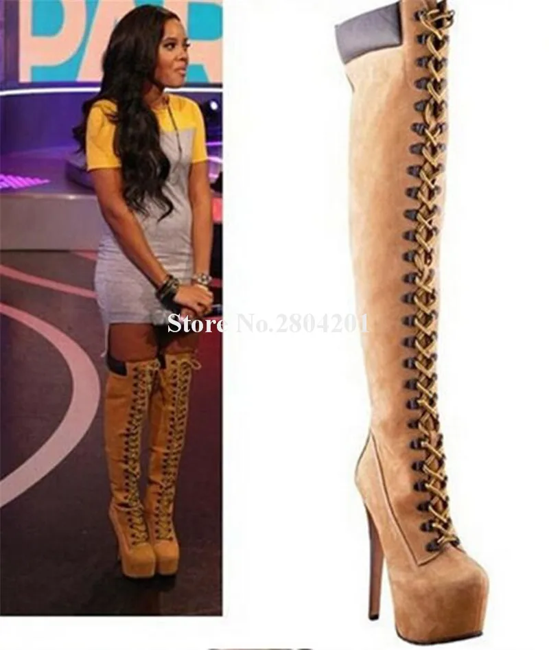 

Brand Design Women Fashion Round Toe High Platform Thin Heel Over Knee Boots Lace-up Long High Heel Boots Motorcycle Boots