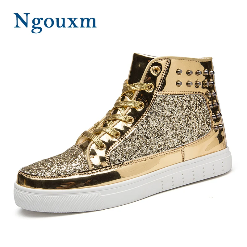 

Ngouxm Men Patent Leather Boots Gold Rivet Sequins Shiny Designer High Quality Causal Shoes For Men Bling High Top Sneakers