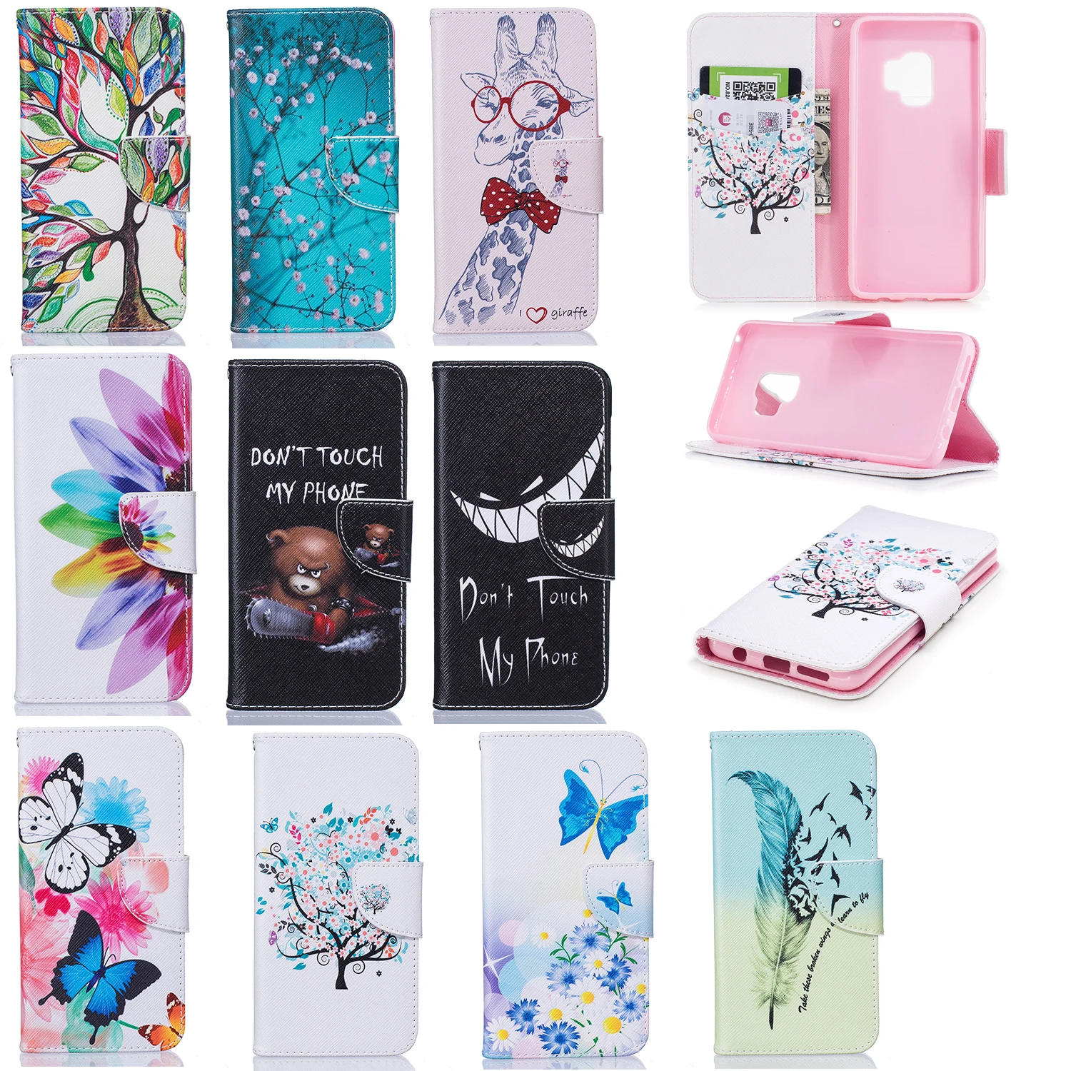 For Samsung Galaxy J2 Pro A8 Plus 2018 Cover Cartoon Tree Flower Butterfly PU Flip Caes S8 S9 Wallet Stand Cases | Мобильные