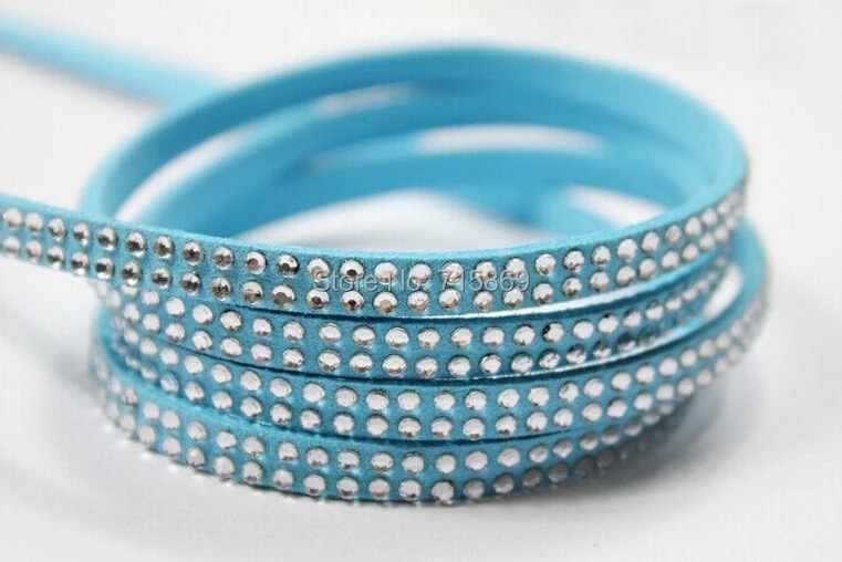 Free Ship 100 Meterse 5mm*1.5mm Baby Blue  Flat  Faux Suede Leather Cord With Two Lines Silver  Studs