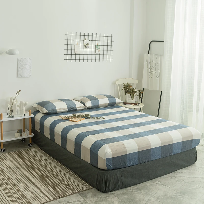

3 Piece Blue Large Plaid Pattern Cotton Fitted Sheet Bed Sheet/Bedsheet Mattress Cover Protective Case Bed Linen Bedding 3 Size