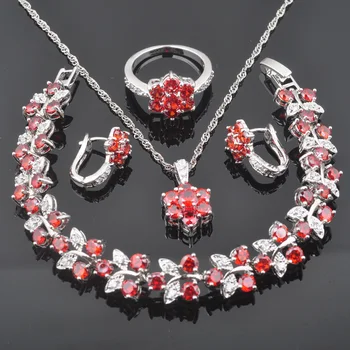 

New Sparkling Red Zircon Silver Color Women Jewelry Sets Bracelet Necklace Pendant Earrings Ring QS0499