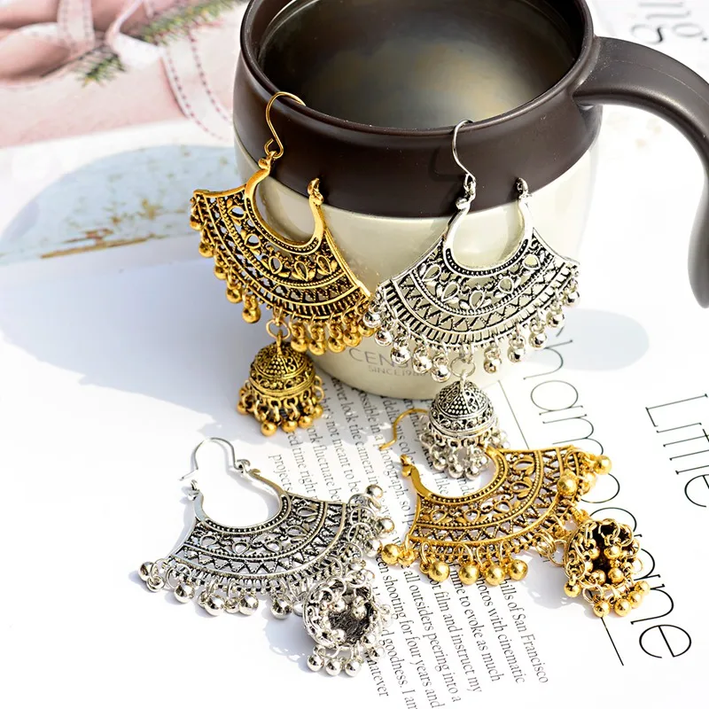 Женские винтажные сережки Jhumka в турецком стиле Серебристые серьги колокольчики