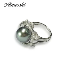 AINUOSHI Luxury 925 Sterling Silver Women Anniversary Ring Natural South Sea Black Tahiti Pearl 10-11mm Round Pearl Ring Jewelry