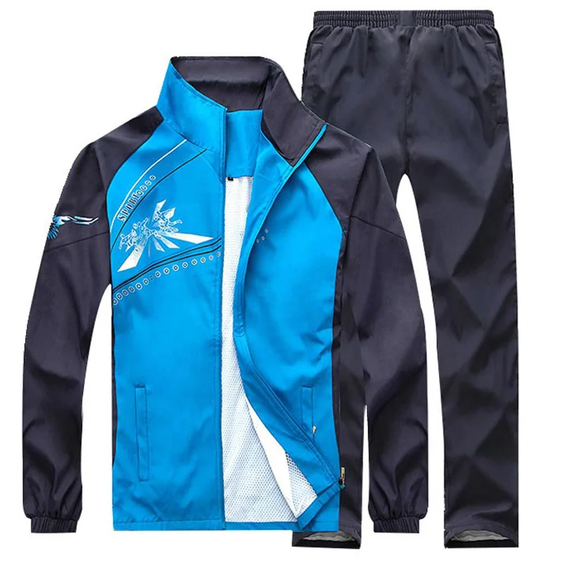 Весенне-осенний комплект для бега, мужская спортивная одежда, 2 предмета, спортивный костюм, куртка+ штаны, спортивный костюм, мужская теплая одежда, спортивный костюм - Цвет: Blue
