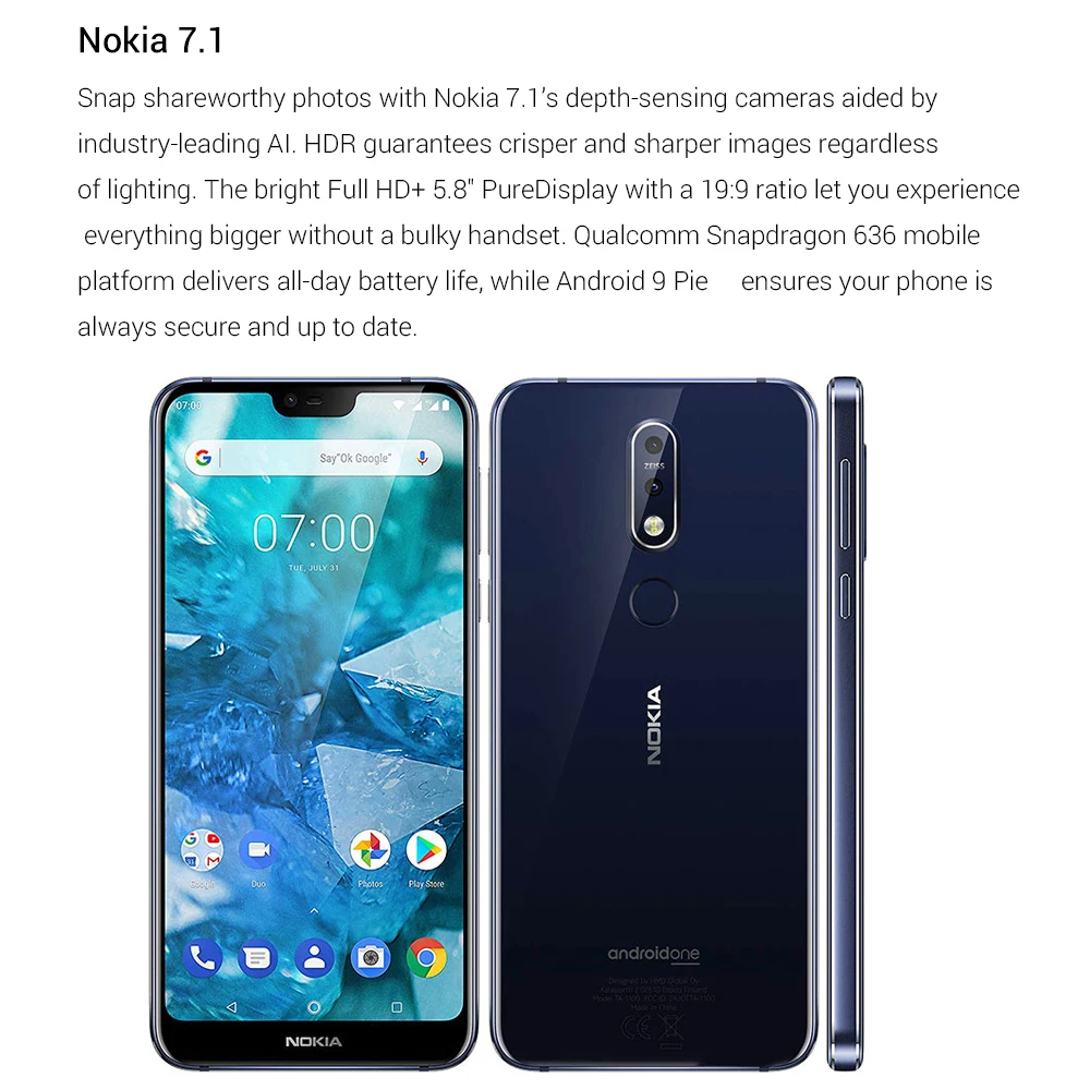 Мобильный телефон Nokia 7,1, глобальная версия, 4G LTE TA-1097, 5,84 дюймов, Snapdragon, 4 Гб ОЗУ, 64 Гб ПЗУ, Восьмиядерный, отпечаток пальца, NFC телефон