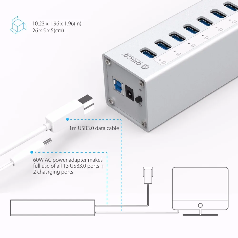 ORICO внешний usb-хаб Алюминий 13-Порты и разъёмы 5 Гбит/с USB3.0 концентраторы Splitter для Macbook портативных ПК с 2 зарядки Порты для портативных ПК