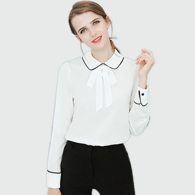 

Women Tops 2018 Loose Solid Color Long-sleeved Shirt Pink Office Lady Peter Pan Collar Bow Chiffon Blouse Chemise Femme
