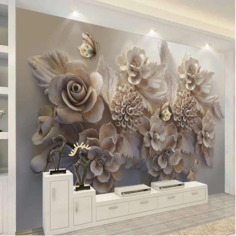

Beautiful three-dimensional relief 3D flower butterfly TV background wall