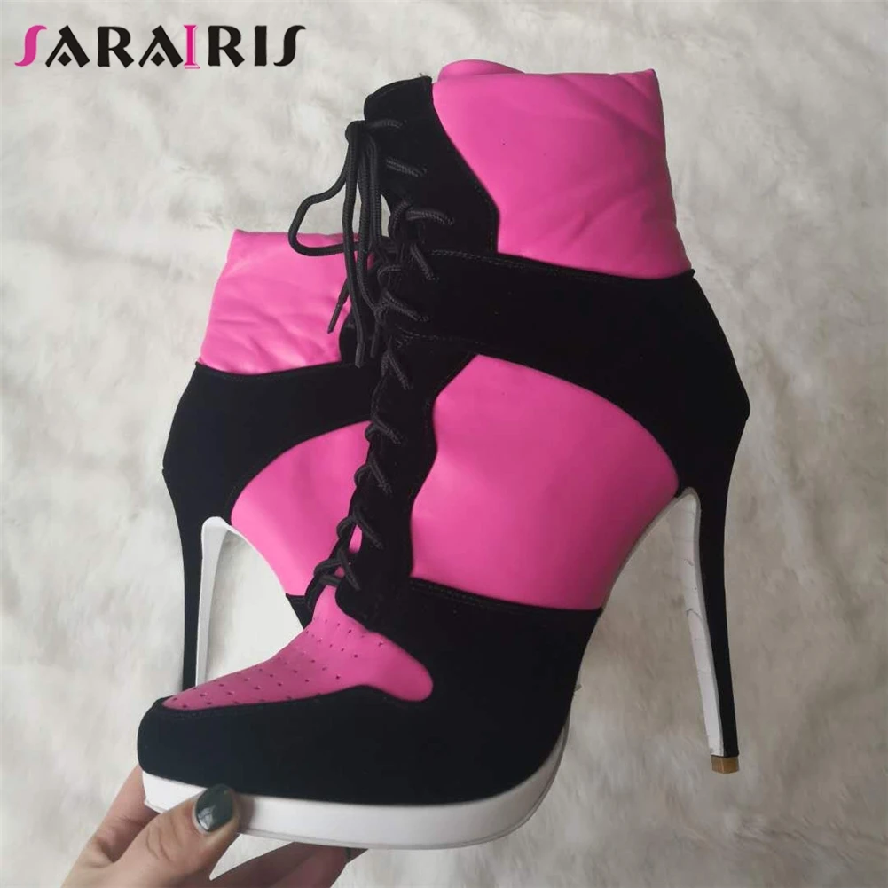 

SARAIRIS New Brand Design Colored Ankle Motorcycle Boots Women 2019 Autumn Plus Size 36-47 Women High Heels Shoes Woman