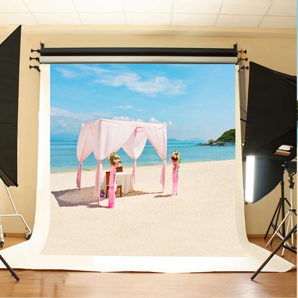 

Wedding Photo Backdrops Sea Beach Photographic Background Flowers Chair White Clouds Wedding Backdrops for Photographic Studio