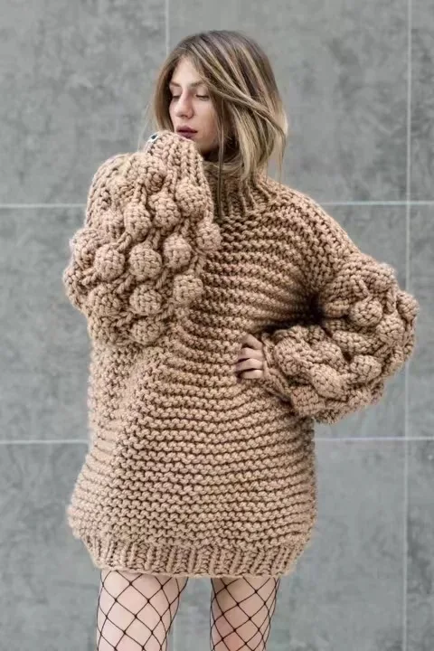 Вязаный пуловер ручной работы с объемным цветком, свитер из грубой шерсти для женщин, водолазка из грубой шерсти с объемными шариками и рукавами-фонариками