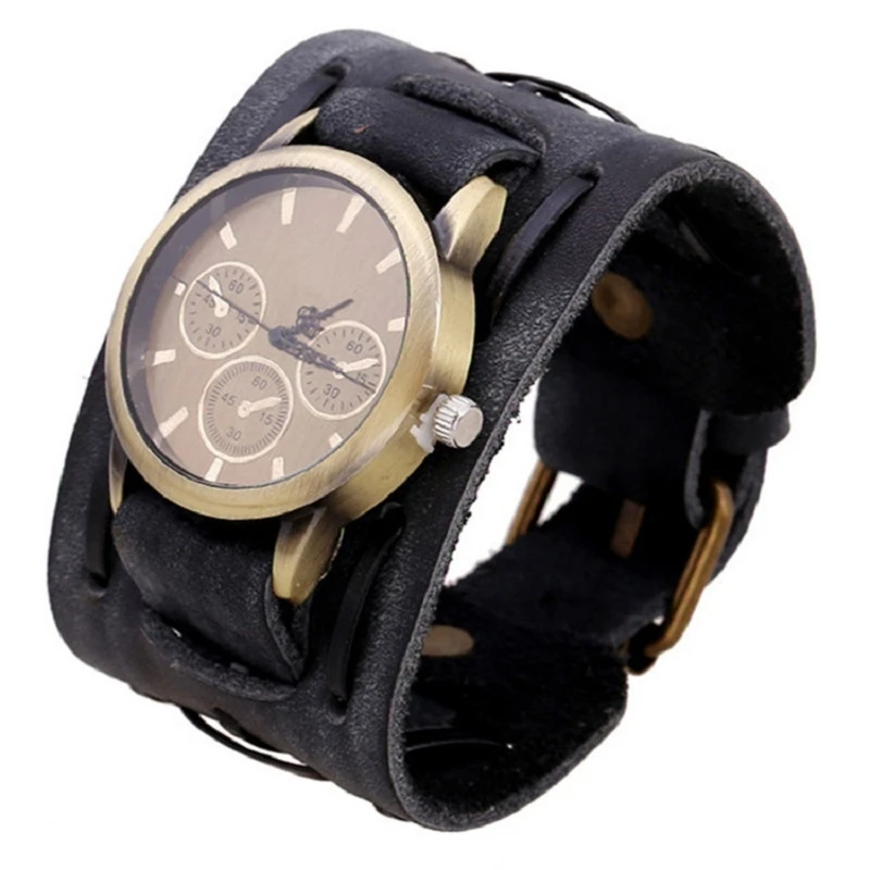 Gnova Платиновый японский механизм Винтаж Панк Натуральная кожа браслет наручные часы широкий ремешок кварцевые часы для мужчин A361