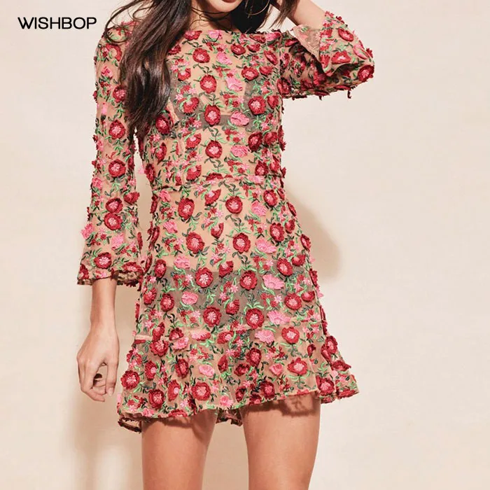 WISHBOP 2017 NEW Romantic Love AMELIA SWING 3D Flowers Embroidered Tulle Mini dress with 3/4 sleeves Ruffles hem | Женская одежда