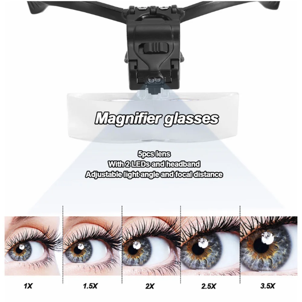 Оголовье лупа со светодиодный подсветкой бровей татуировки очки 5 сменных оптические стёкла лупа для чтения часы Электронный ремонт