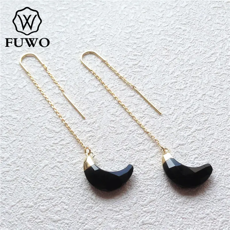 Fuwo Natural Black Onyx Threader Earrings With Gold Brass Plated