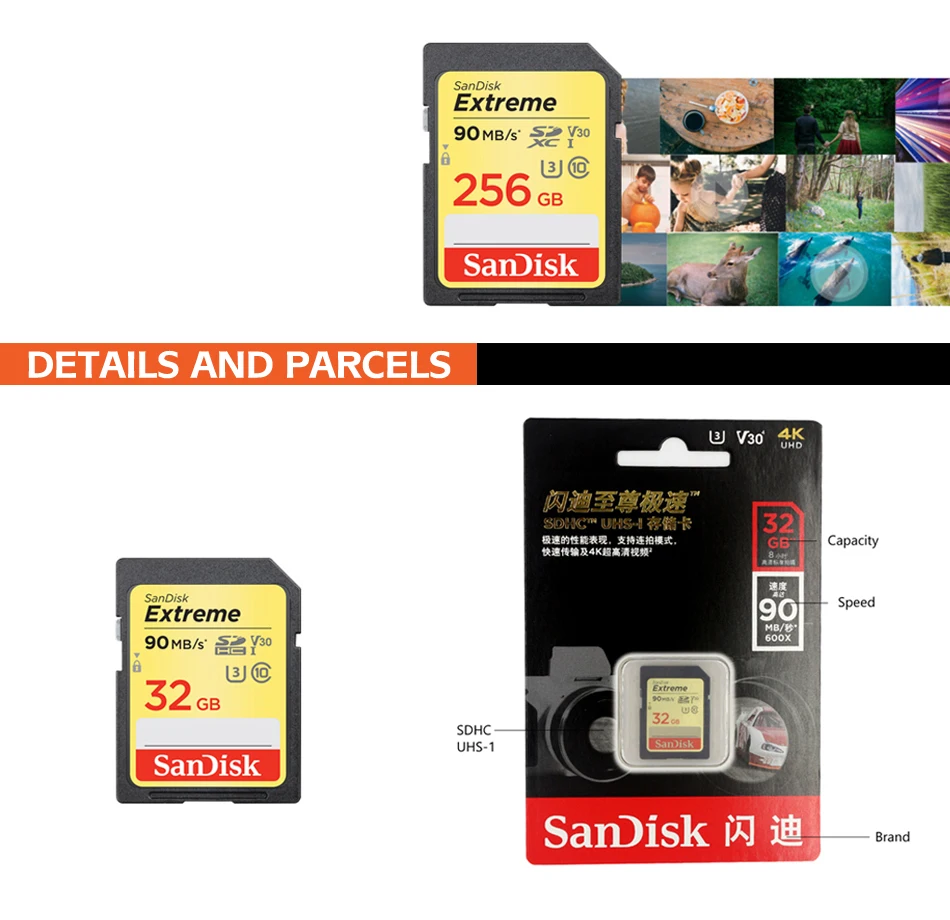 Продукт карты памяти SanDisk Extreme SDHC/SDXC SD карты памяти 32 Гб 64 Гб 128 ГБ 256 Class10 C10 U3 V30 90 МБ/с. UHS-I для Камера SDXVE