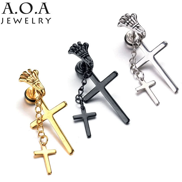 Personalize Stainless Steel Chain Earrings Steampunk Hand Bone Cross Personalize Stainless Steel Chain Earrings Steampunk Hand Bone Cross Drop Cool Double